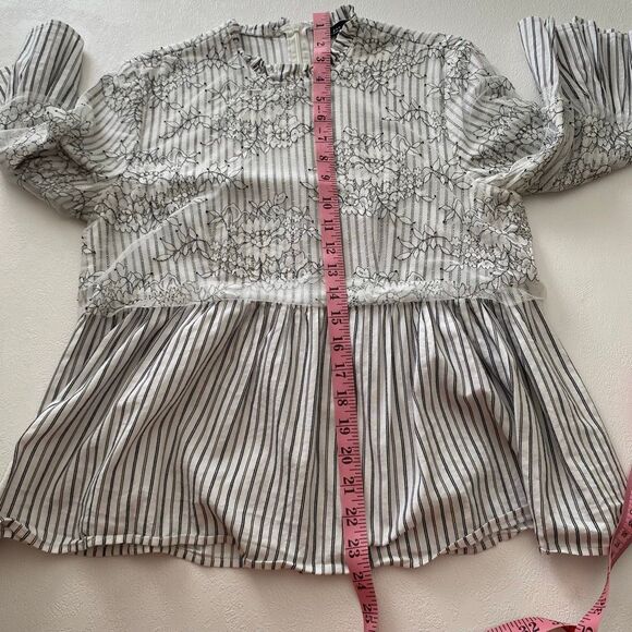 ZARA Woman Striped Floral Lace Blouse | Peplum Hem Long Sleeve Top Size M - Picture 5 of 6